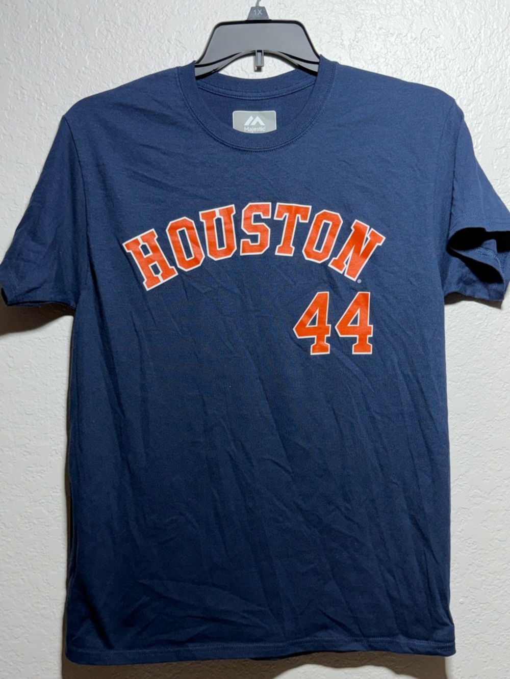 Majestic Houston #44 Alvarez Navy Crew Neck T-Shirt with Orange Graphic